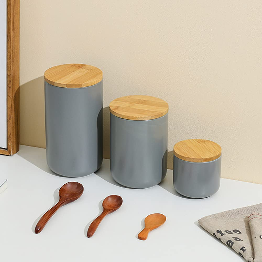 Kuber Industries Ceramic Jar | Food Storage Jar | Kitchen Storage Jar | Round Jar for Home | Sugar Storage Jar | Airtight Bamboo Lid | YX07-L-GY | 1000 ML | Gray
