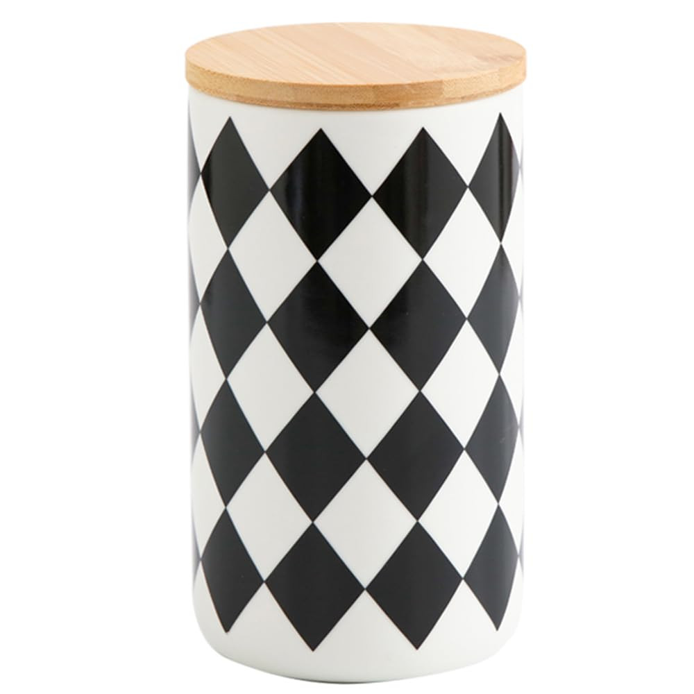 Kuber Industries Ceramic Jar | Food Storage Jar | Kitchen Storage Jar | Round Jar for Home | Sugar Storage Jar | Airtight Bamboo Lid | Diamond Pattern | YX11-L-DM | 1000 ML | Black-White