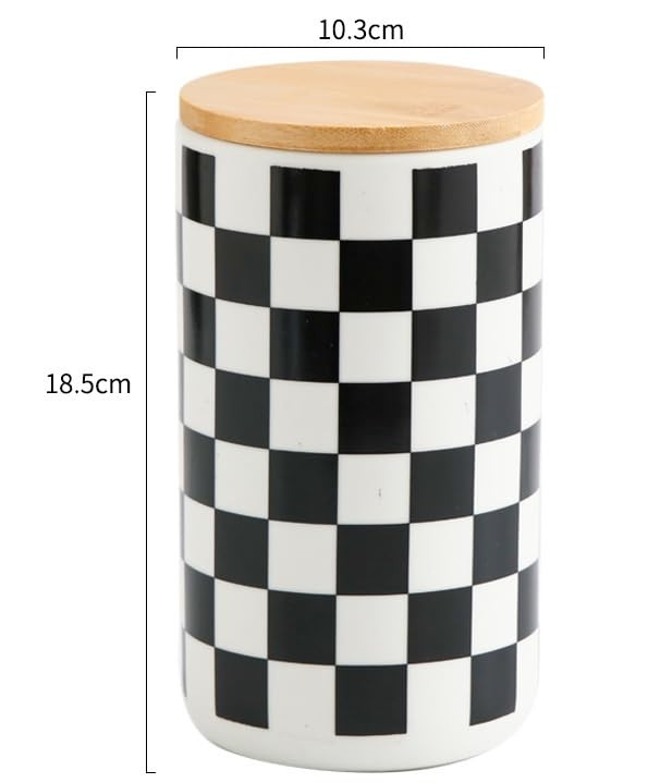 Kuber Industries Ceramic Jar | Food Storage Jar | Kitchen Storage Jar | Round Jar for Home | Sugar Storage Jar | Airtight Bamboo Lid | Square Pattern | YX11-L-SQ | 1000 ML | Black-White