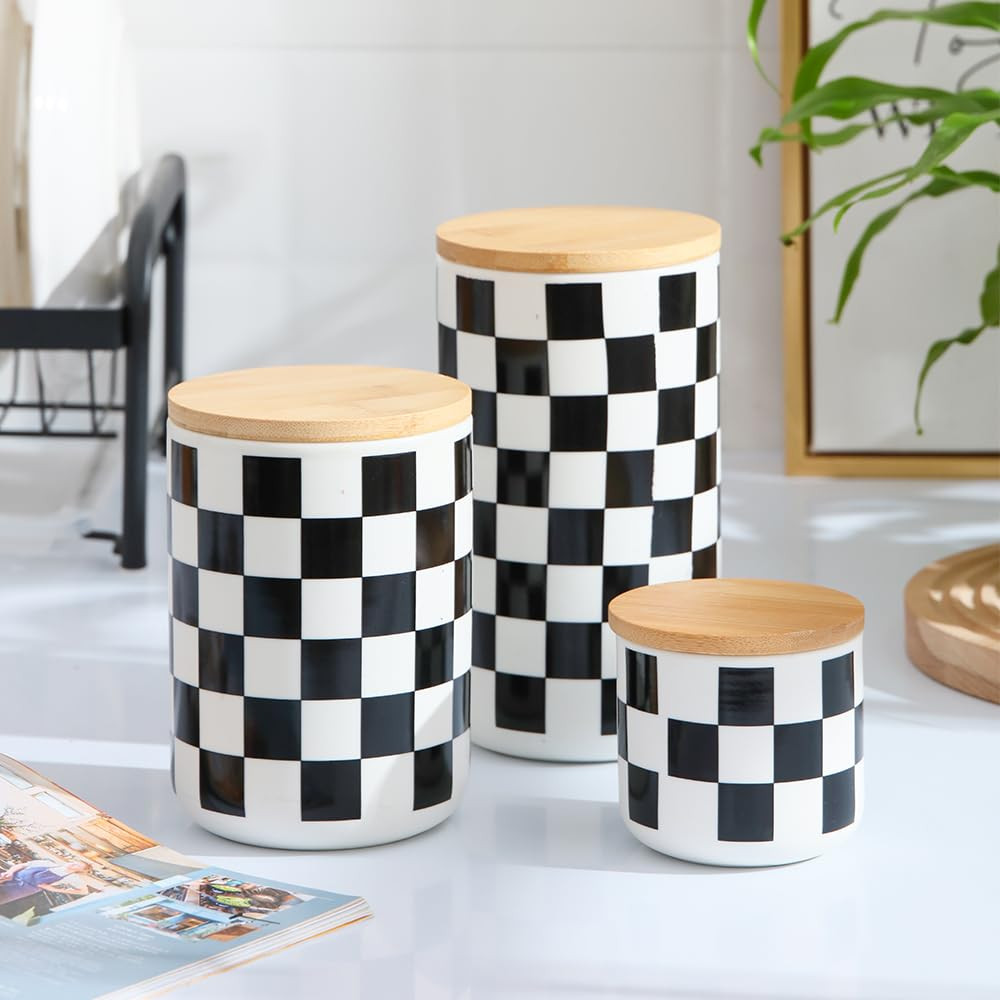 Kuber Industries Ceramic Jar | Food Storage Jar | Kitchen Storage Jar | Round Jar for Home | Sugar Storage Jar | Airtight Bamboo Lid | Square Pattern | YX11-L-SQ | 1000 ML | Black-White