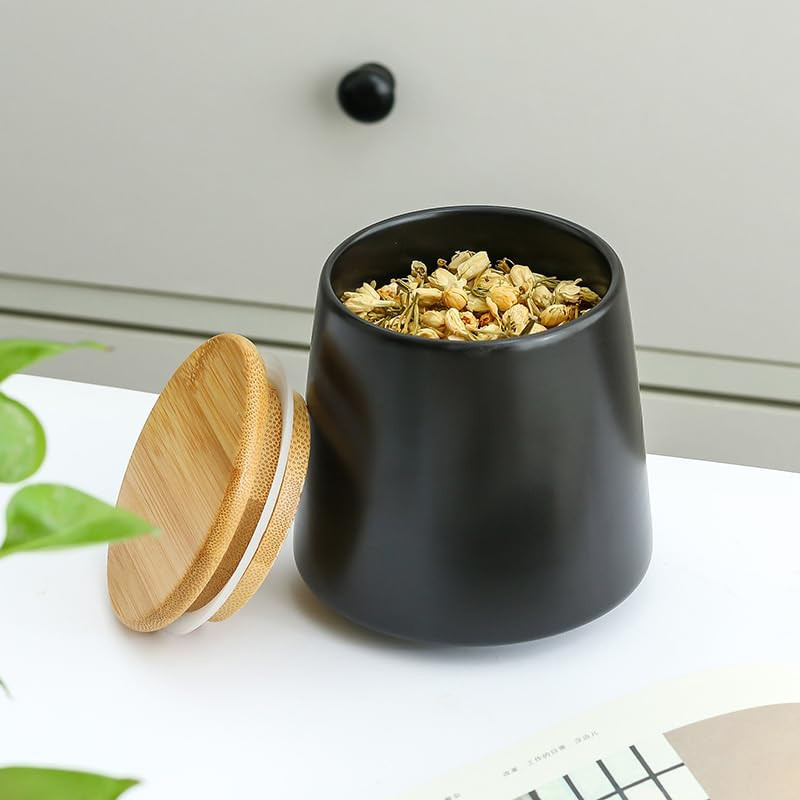 Kuber Industries Ceramic Jar | Food Storage Jar | Kitchen Storage Jar | Round Jar for Home | Sugar Storage Jar | Airtight Bamboo Lid | YX01-S-BK | 500 ML | Black