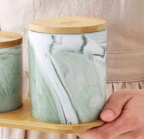 Kuber Industries Ceramic Jar | Food Storage Jar | Kitchen Storage Jar | Round Jar for Home | Sugar Storage Jar | Airtight Bamboo Lid | YX09-M-GN | 400 ML | Green