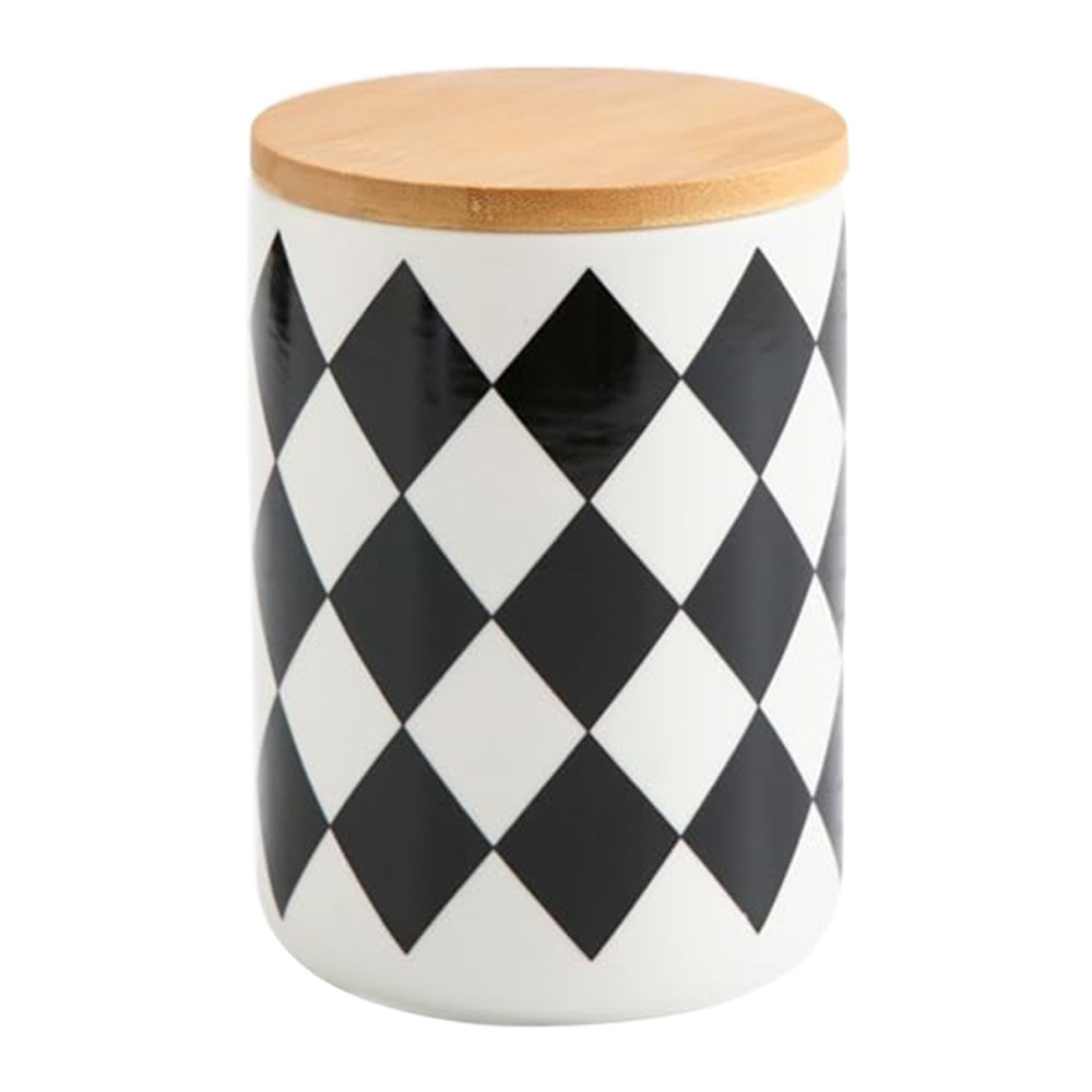 Kuber Industries Ceramic Jar | Food Storage Jar | Kitchen Storage Jar | Round Jar for Home | Sugar Storage Jar | Airtight Bamboo Lid | Diamond Pattern | YX10-M-DM | 800 ML | Black-White