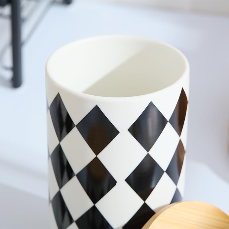 Kuber Industries Ceramic Jar | Food Storage Jar | Kitchen Storage Jar | Round Jar for Home | Sugar Storage Jar | Airtight Bamboo Lid | Diamond Pattern | YX10-M-DM | 800 ML | Black-White