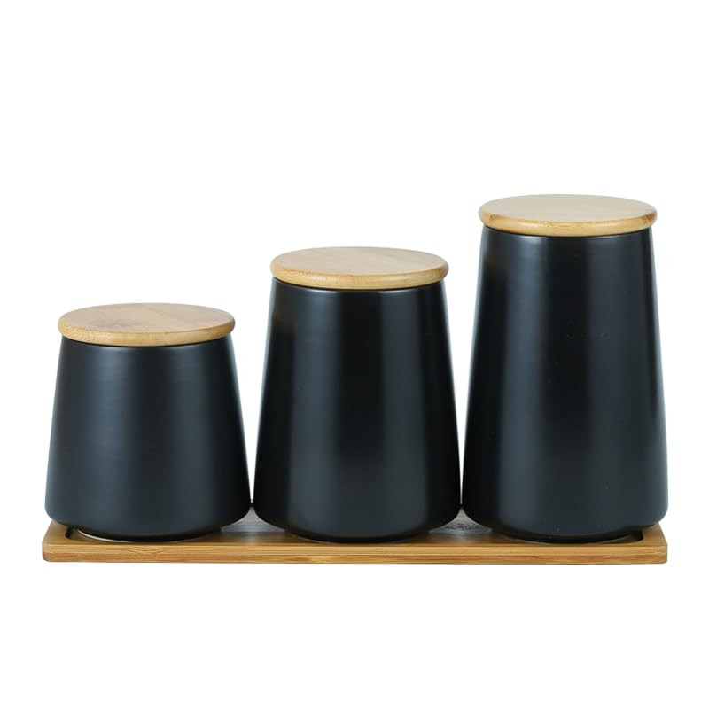 Kuber Industries Ceramic Jar | Food Storage Jar | Kitchen Storage Jar | Round Jar for Home | Sugar Storage Jar | Airtight Bamboo Lid | YX04-3-BK | 3 Piece Set | 500 | 700 | 850 ML | Black