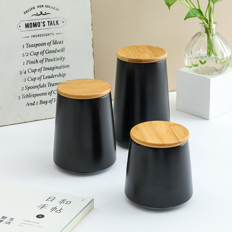 Kuber Industries Ceramic Jar | Food Storage Jar | Kitchen Storage Jar | Round Jar for Home | Sugar Storage Jar | Airtight Bamboo Lid | YX04-3-BK | 3 Piece Set | 500 | 700 | 850 ML | Black