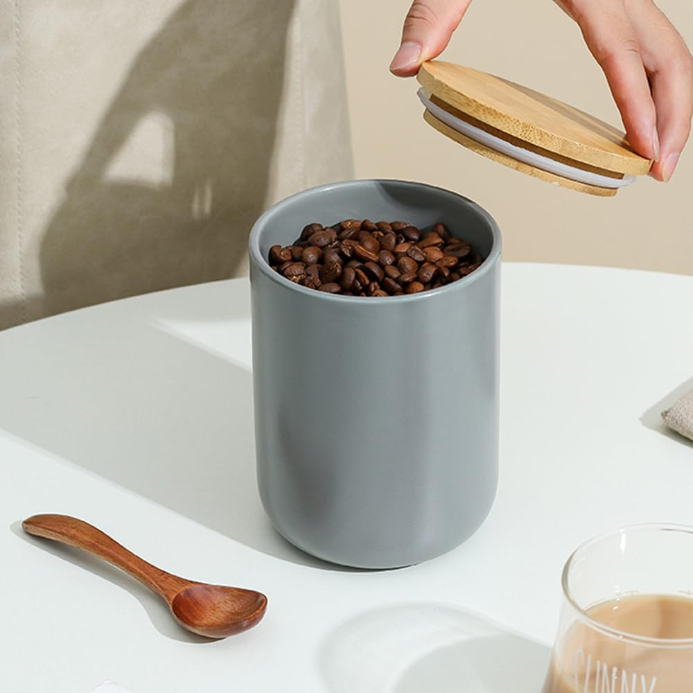 Kuber Industries Ceramic Jar | Food Storage Jar | Kitchen Storage Jar | Round Jar for Home | Sugar Storage Jar | Airtight Bamboo Lid | YX06-M-GY | 800 ML | Gray
