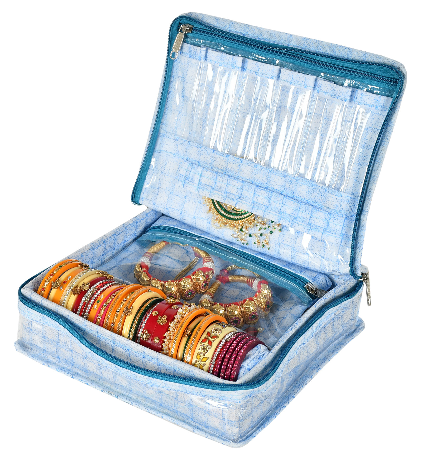 Kuber Industries Check Design Laminated PVC Jewellery Organizer With 4 Transparent Pouches & 1 Bangle/Watch Rod For Keeps Your Jewellery,Earrings, Necklaces Organized And Secure (Blue)-HS_38_KUBMART21273