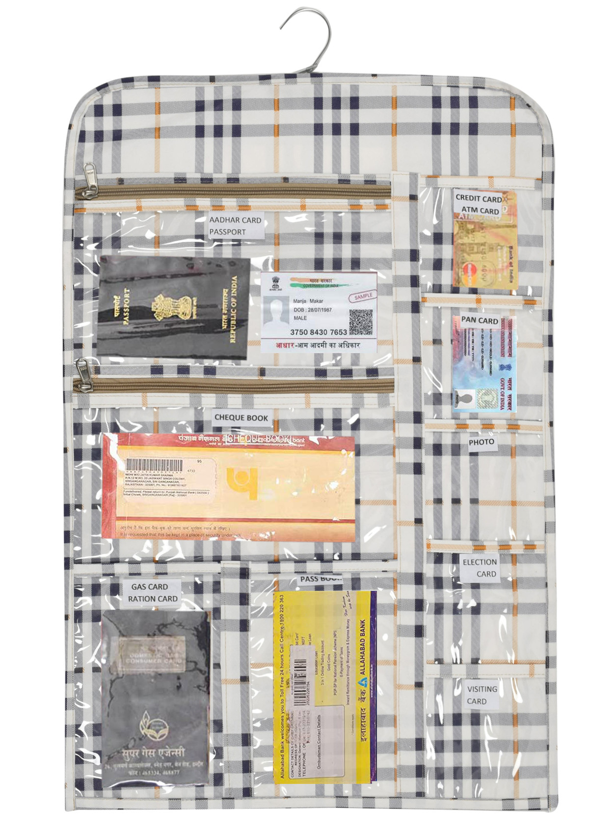 Kuber Industries Check Design Multi Utility Double Sided Hanging Document Organizer for Passport Aadhar, Voter Id, Pan Card With Hanger (Multicolor)-HS40KUBMART23983