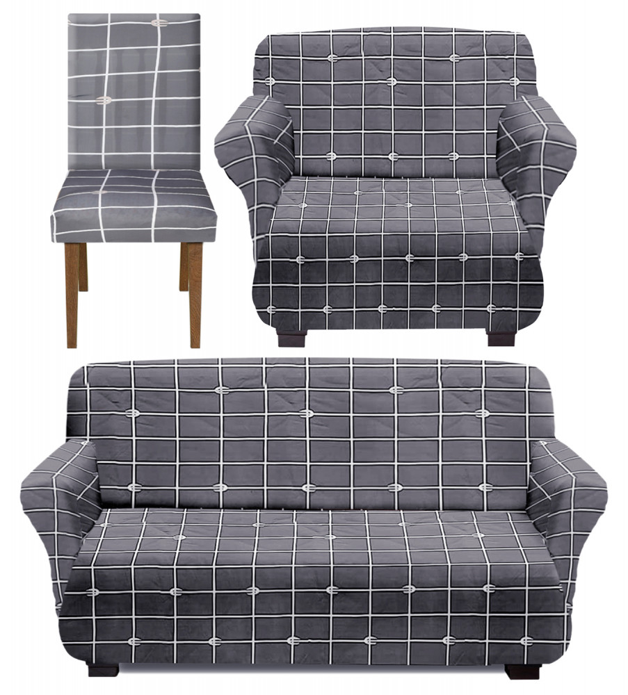 Kuber Industries Check Printed Stretchable, Non-Slip Polyster 1 &amp; 3 Seater Sofa Cover &amp; Chair Cover Set, Set of 3 (Grey)