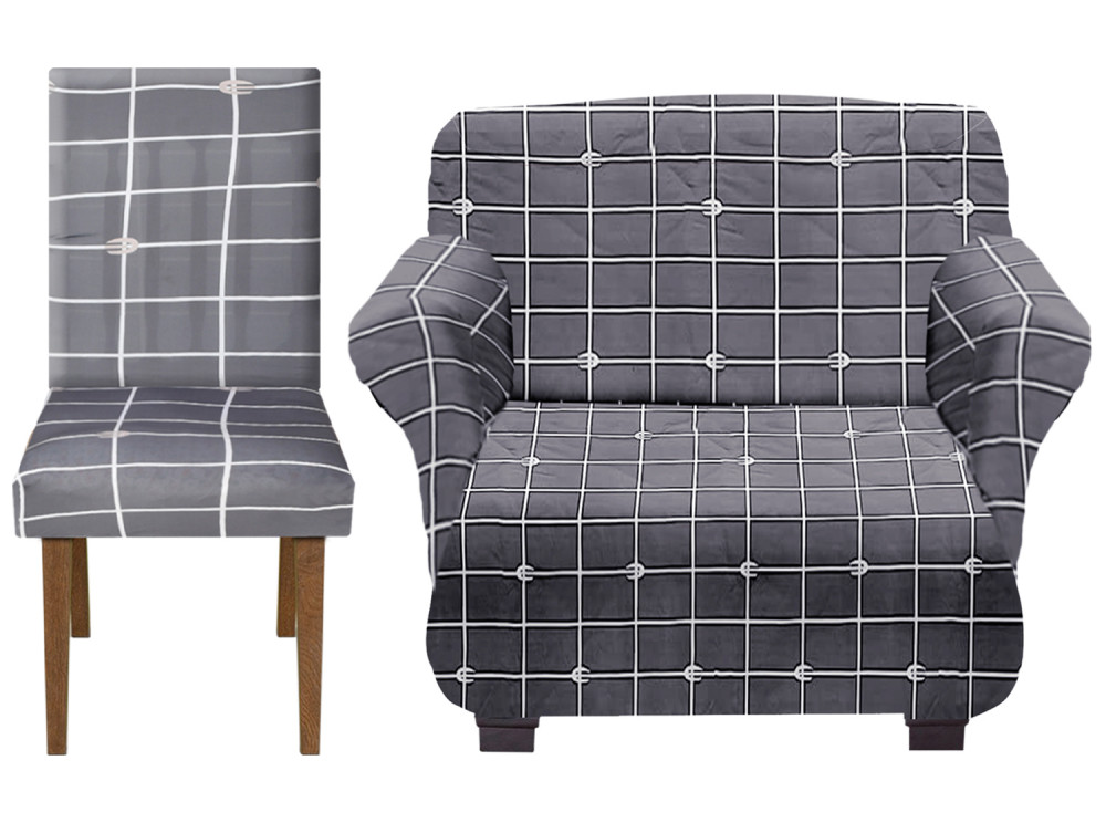 Kuber Industries Check Printed Stretchable, Non-Slip Polyster 1 Seater Sofa &amp; Chair Cover Set, Set of 2 (Grey)
