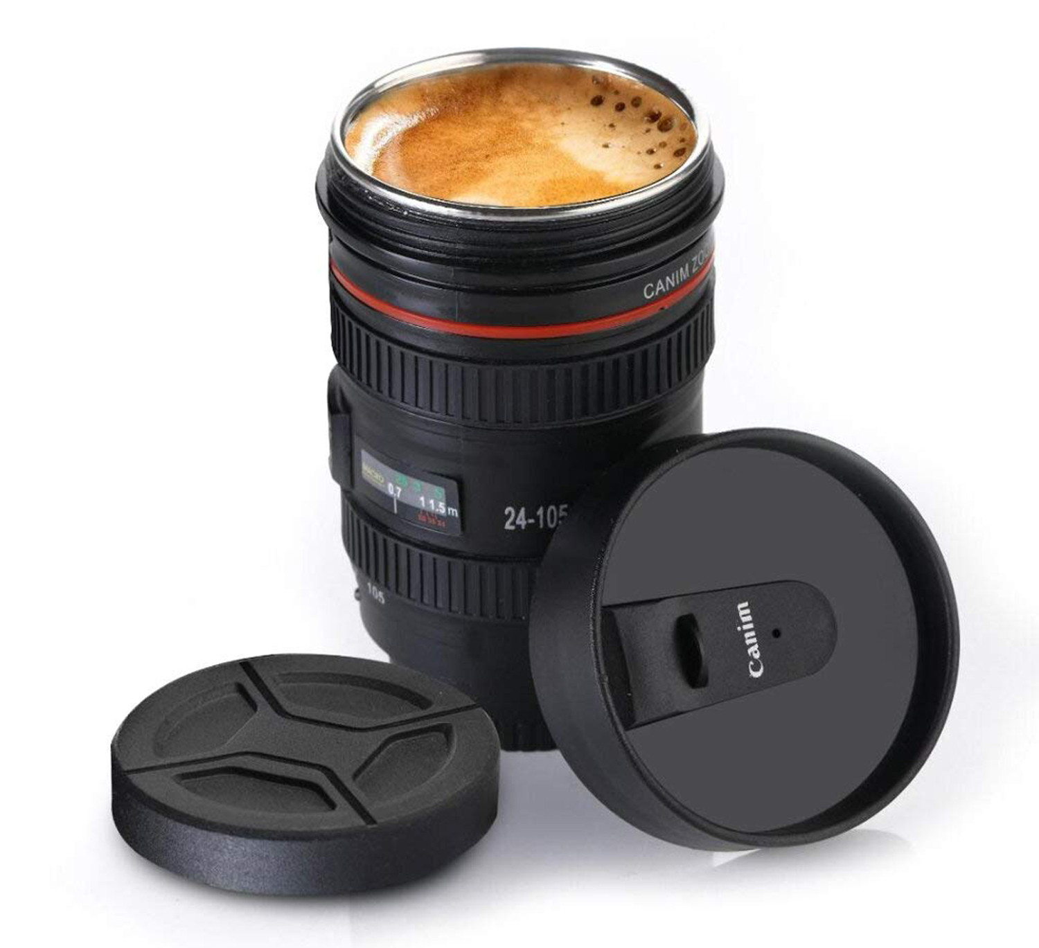 Kuber Industries Coffee Mug, Camera Lens Travel Thermos, Stainless Steel Insulated Cup with Easy Clean Lid (Black)