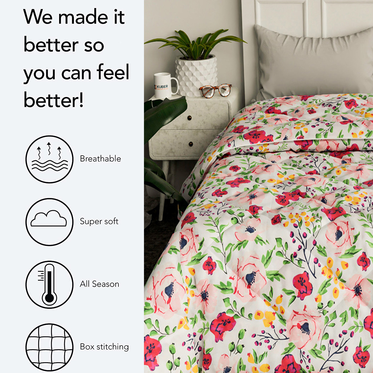 Kuber Industries Comforter for Double Bed|Microfiber Winter Comforter for Double Bed|220 GSM Reversible Flower Design Comforter|AC Quilt|Dohar (White)