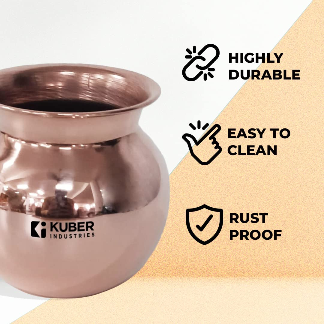 Kuber Industries Copper Lota | Kalash for Puja | BPA Free, Non Toxic,Copper | Rustproof & Durable | With Added Health Benefits of Copper | User Friendly Design & Easy to Clean | 500 ML