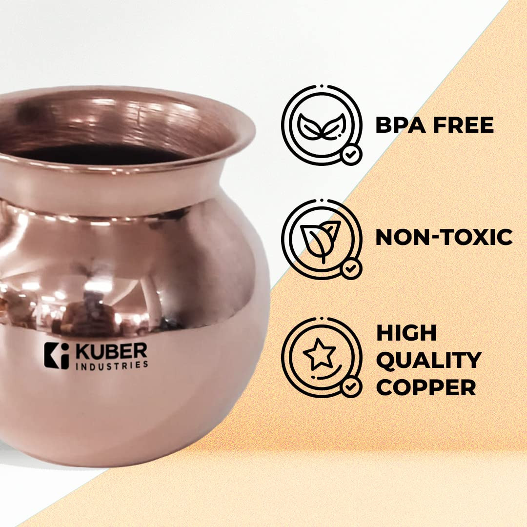 Kuber Industries Copper Lota | Kalash for Puja | BPA Free, Non Toxic,Copper | Rustproof & Durable | With Added Health Benefits of Copper | User Friendly Design & Easy to Clean | 500 ML