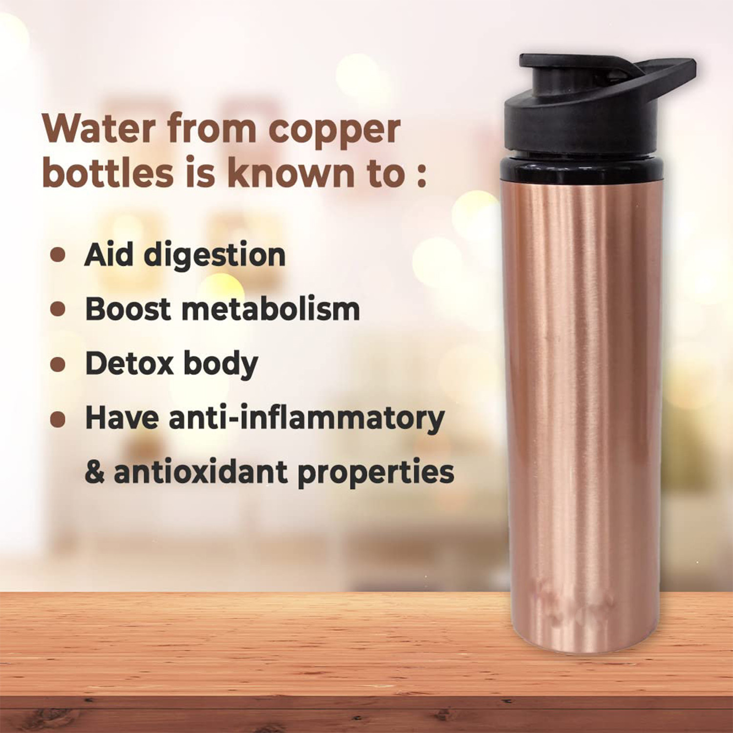 Kuber Industries Copper Water Bottle with Sipper 750ml| Leak Proof Sipper Bottle|Designer 100% Pure Copper Bottle | Copper Bottle For Home, Office, Kids (Pack of 1)