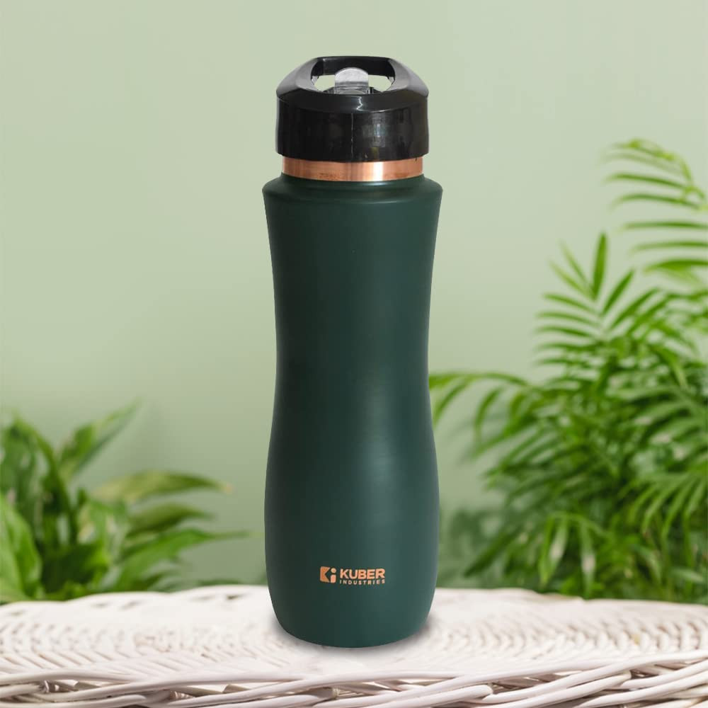 Kuber Industries Copper Water Bottle with Sipper, BPA Free &amp; Non-Toxic, Leakproof, Durable &amp; Lightweight, Added Health Benefits of Copper, Ergonomic Design &amp; Easy to Clean (Green, 750 ML, Pack of 1)