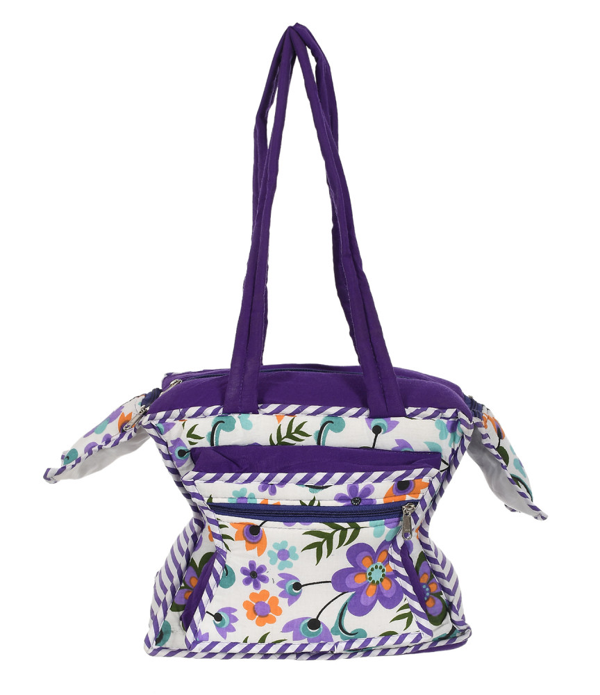 Kuber Industries Cotton Multiuses Floral Print Mothers Bag/Diapers Bags With Handle For Traveling &amp; Storing (Purple)