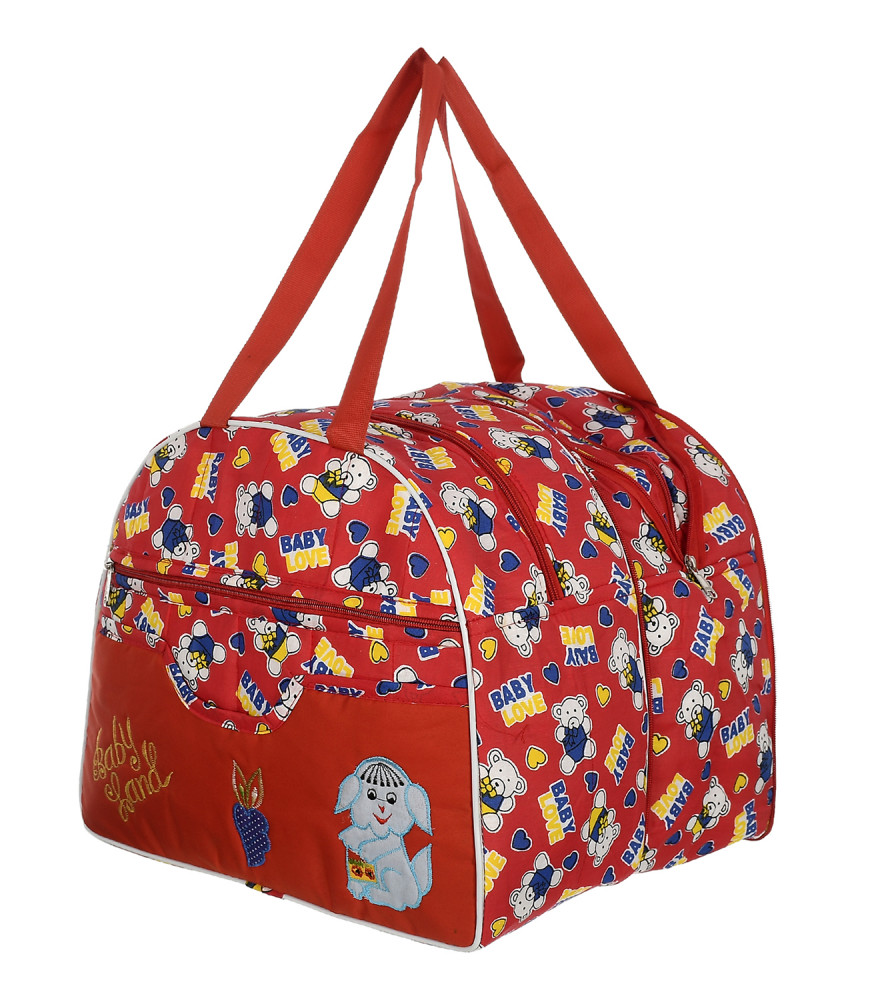 Kuber Industries Cotton Multiuses Teddy Print Mothers Bag/Diapers Bags With Handle For Traveling &amp; Storing (Red)