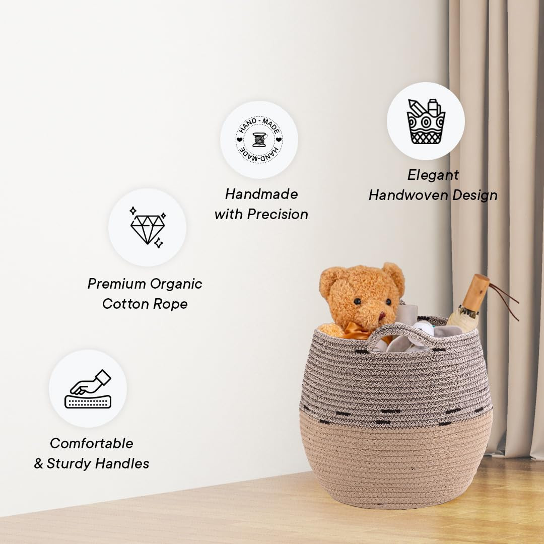 Kuber Industries Cotton Woven Storage Basket With Handle|Shelf Basket Hamper|Organizer for Toys, Socks, Cosmetic|Capacity 22 L|BEIGE|