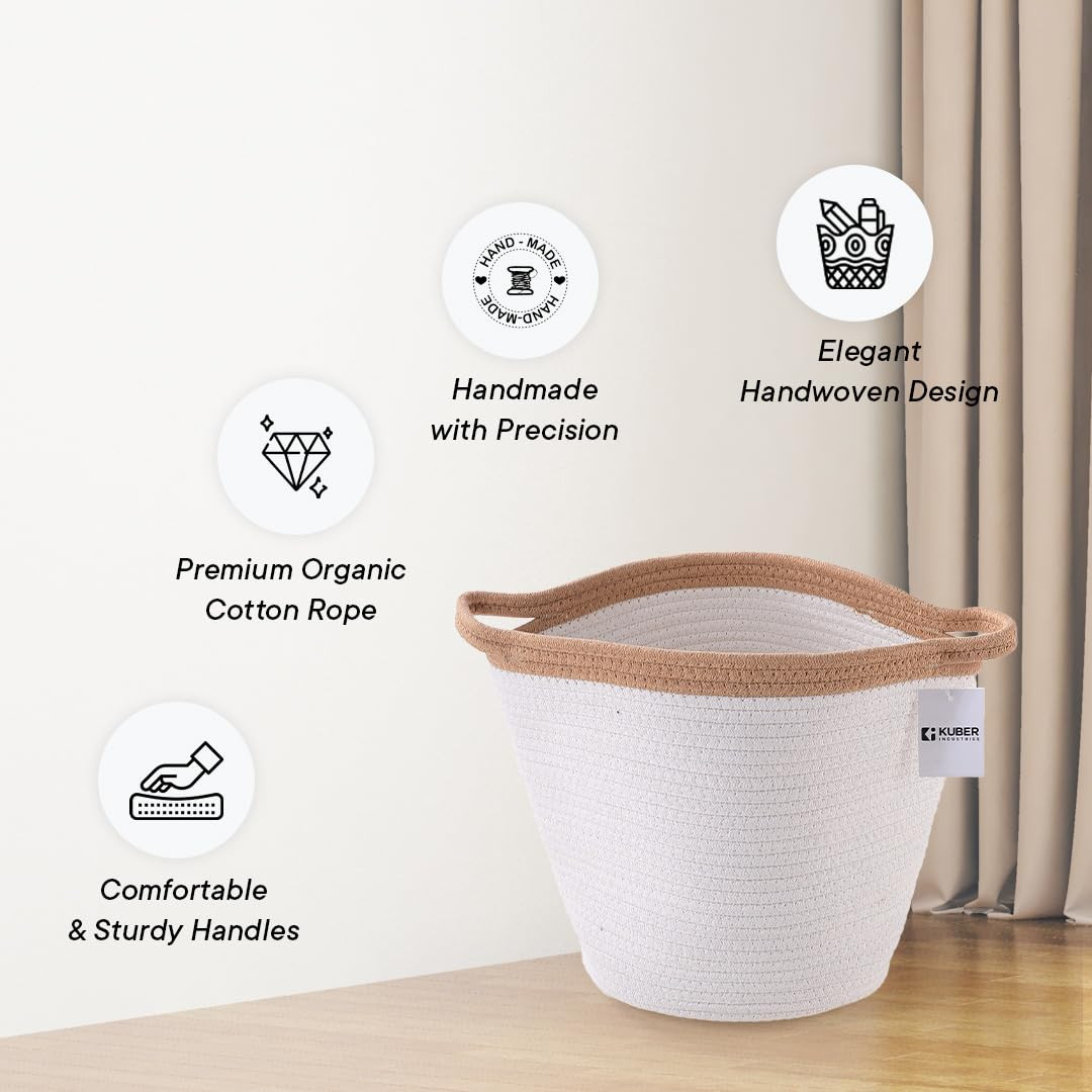 Kuber Industries Cotton Woven Storage Basket With Handle|Shelf Basket Hamper|Organizer for Toys, Socks, Cosmetic|Capacity 21 L|White|