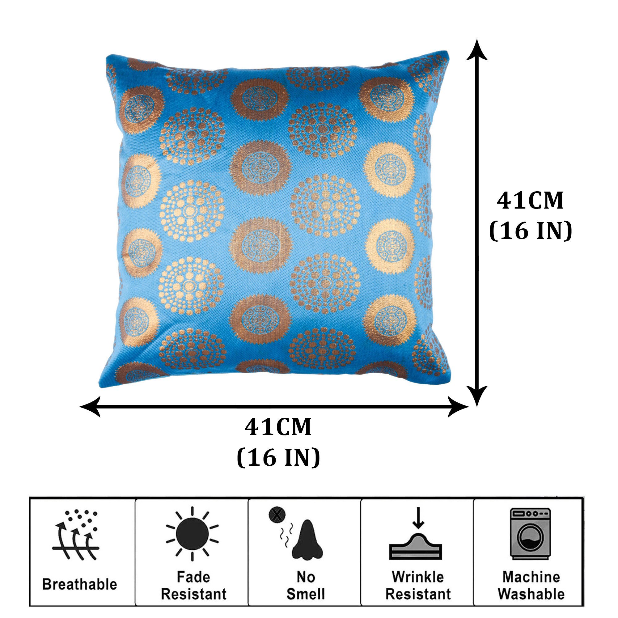 Kuber Industries Cushion Cover | Pillow Covers for Sofa | Throw Cushion Cover | Polyester Cushion Covers | Banarasi Gola Cushion Covers | Set of 5 | 16 Inch | Firozi