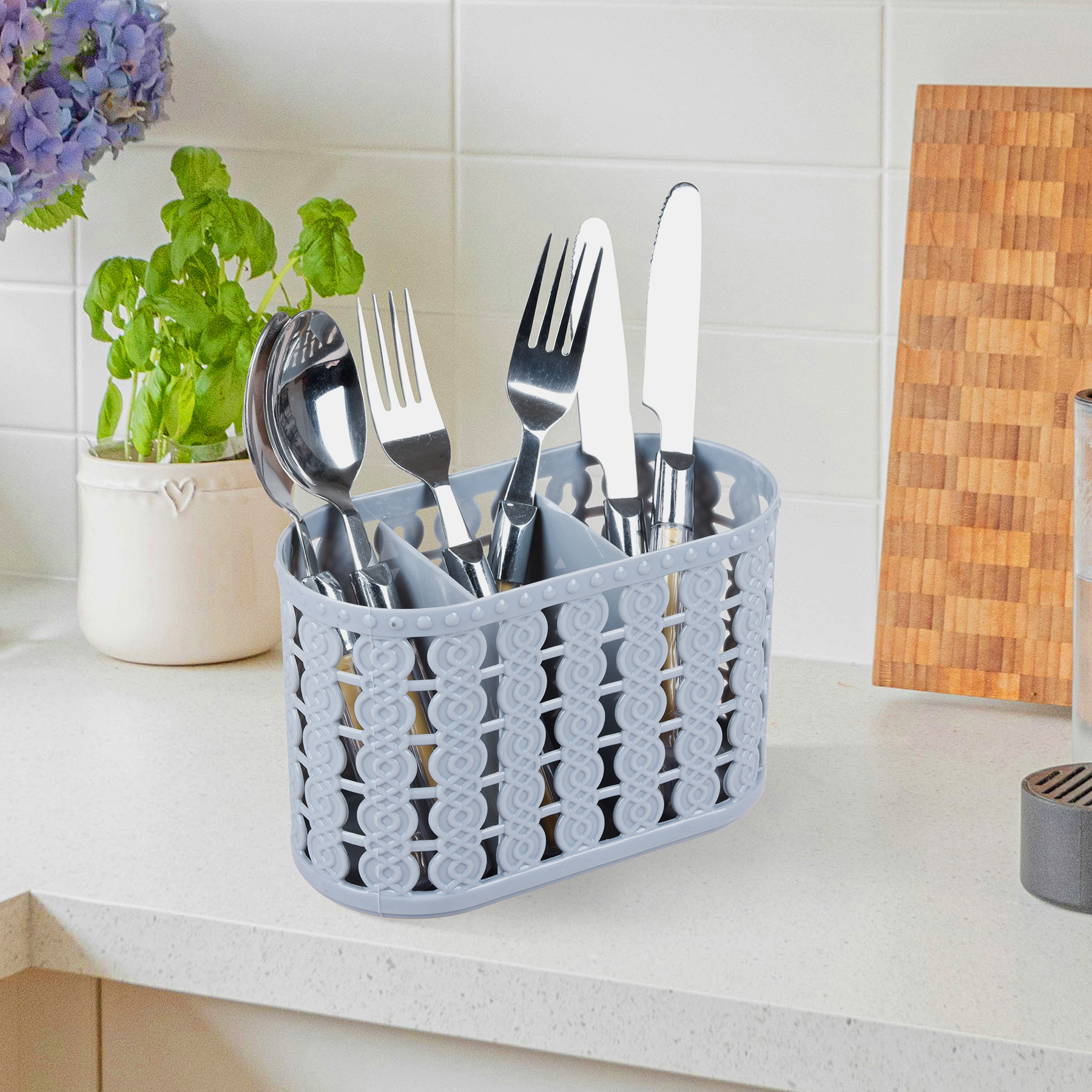Kuber Industries Cutlery Holder | Kitchen Organizer with 3 Compartments | Stationery Organizer | Dining Tableware Stand | Multipurpose Desk Organizer Box | Sunny | Gray