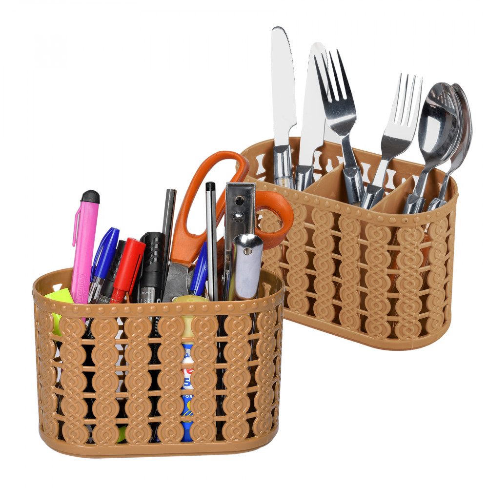 Kuber Industries Cutlery Holder | Kitchen Organizer with 3 Compartments | Stationery Organizer | Dining Tableware Stand | Multipurpose Desk Organizer Box | Sunny | Beige