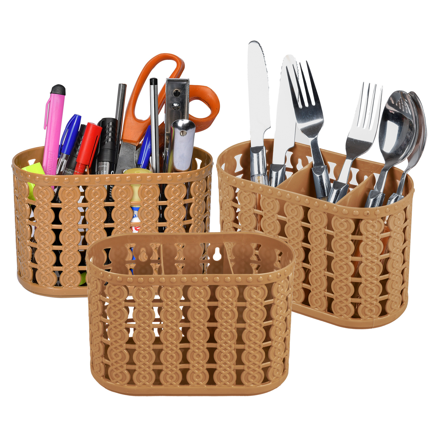 Kuber Industries Cutlery Holder | Kitchen Organizer with 3 Compartments | Stationery Organizer | Dining Tableware Stand | Multipurpose Desk Organizer Box | Sunny | Beige