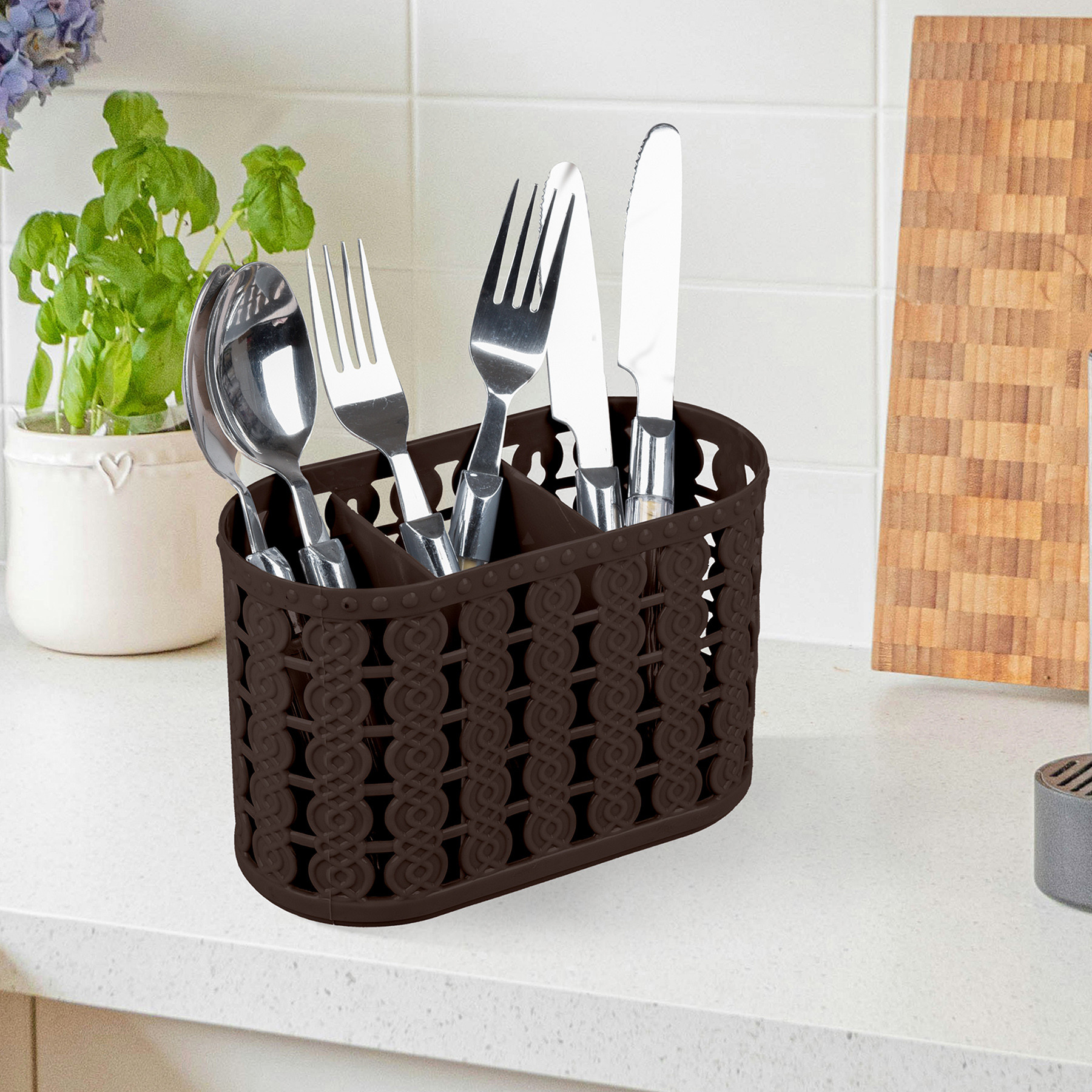 Kuber Industries Cutlery Holder | Kitchen Organizer with 3 Compartments | Stationery Organizer | Dining Tableware Stand | Multipurpose Desk Organizer Box | Sunny | Brown