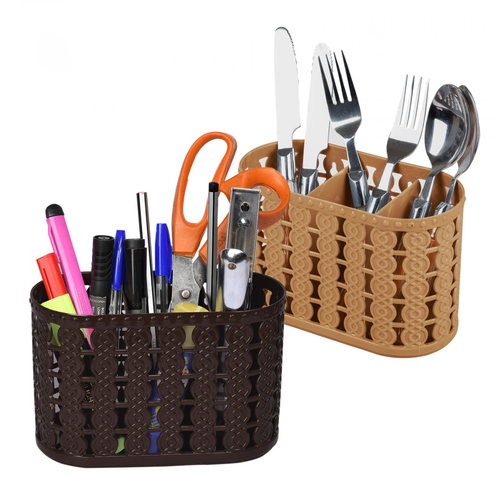 Kuber Industries Cutlery Holder | Kitchen Organizer with 3 Compartments | Stationery Organizer | Dining Tableware Stand | Multipurpose Desk Organizer Box | Sunny | Beige &amp; Brown