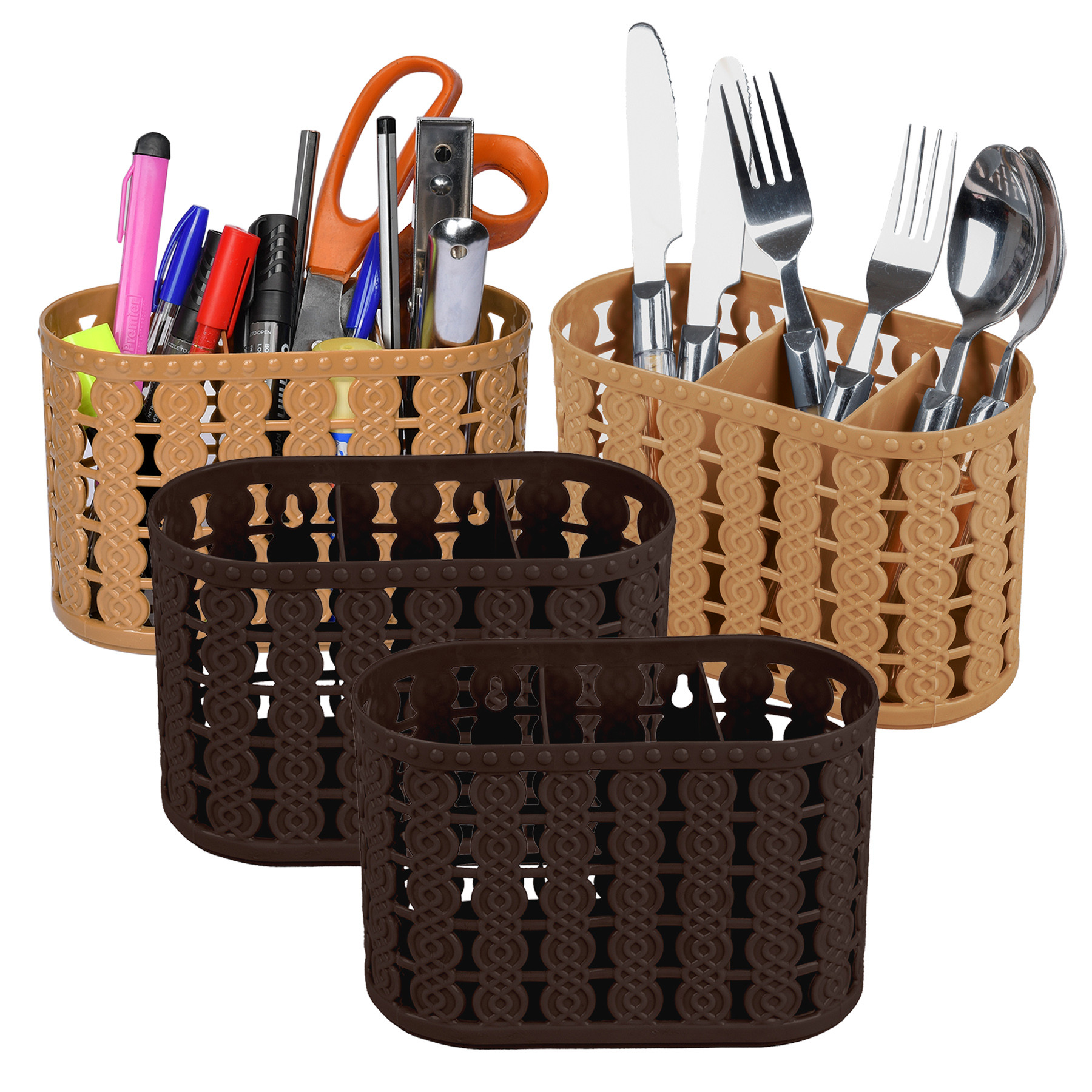 Kuber Industries Cutlery Holder | Kitchen Organizer with 3 Compartments | Stationery Organizer | Dining Tableware Stand | Multipurpose Desk Organizer Box | Sunny | Beige & Brown