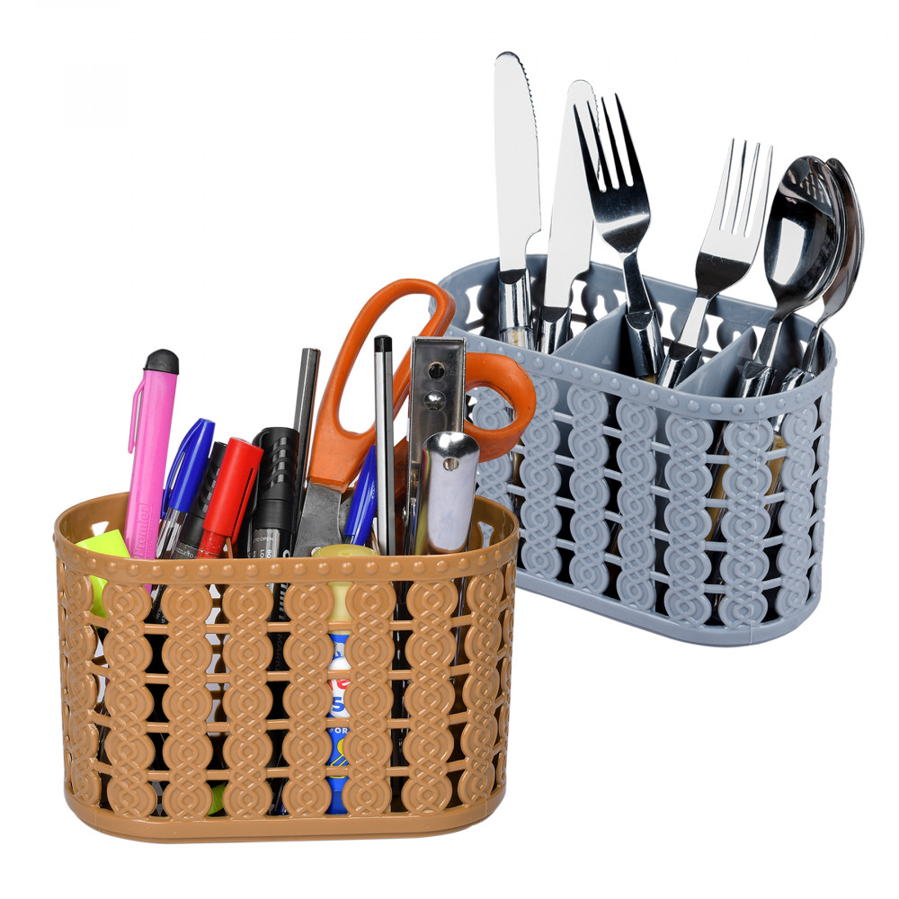 Kuber Industries Cutlery Holder | Kitchen Organizer with 3 Compartments | Stationery Organizer | Dining Tableware Stand | Multipurpose Desk Organizer Box | Sunny | Gray &amp; Beige