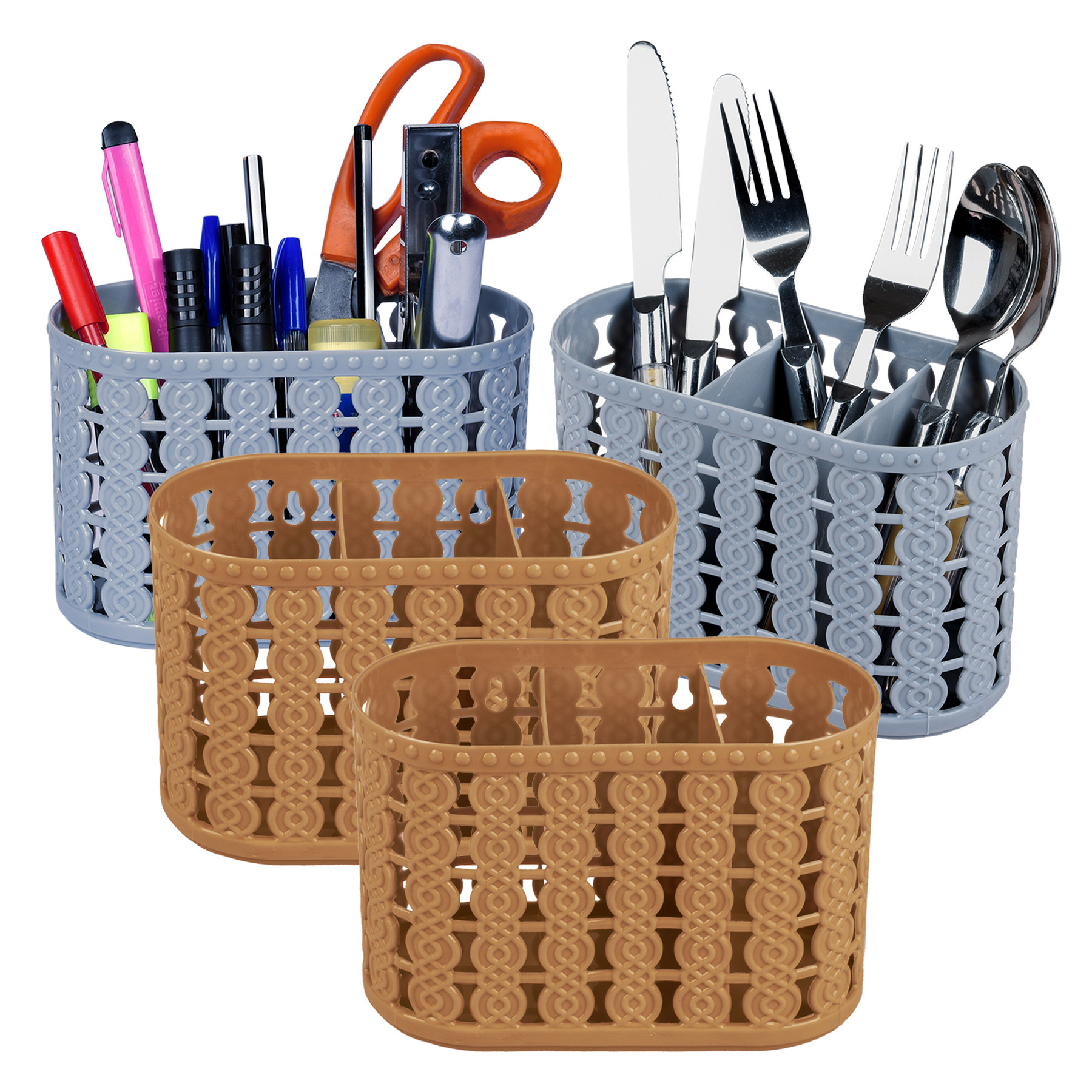 Kuber Industries Cutlery Holder | Kitchen Organizer with 3 Compartments | Stationery Organizer | Dining Tableware Stand | Multipurpose Desk Organizer Box | Sunny | Gray & Beige