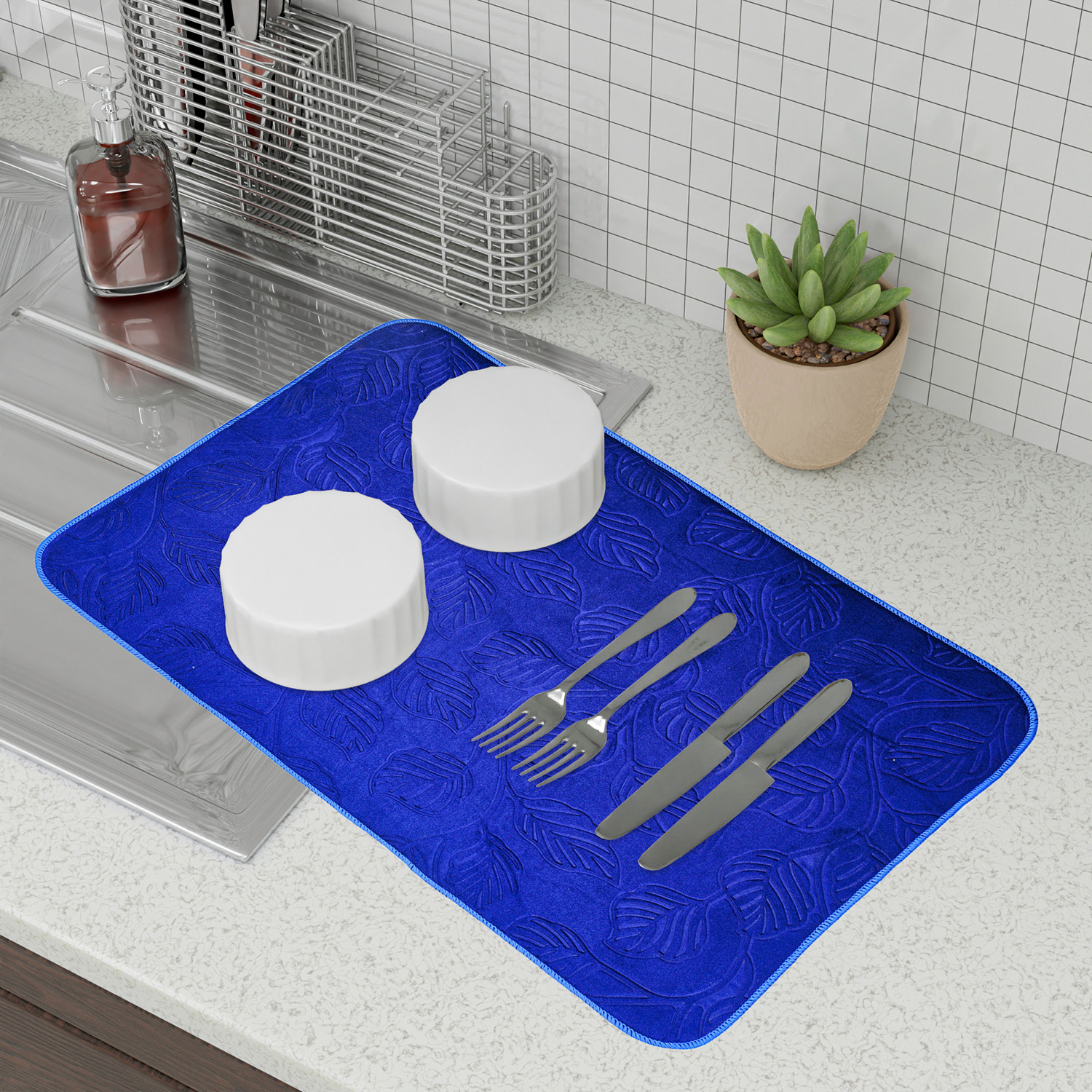 Kuber Industries Dish Dry Mat | Microfiber Self Drying Mat | Kitchen Drying Mat | Water Absorbent Kitchen Mat | Embossed Dish Dry Mat | 50x70 | Pack of 2 | Cream & Blue