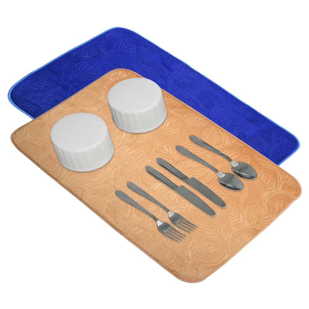 Kuber Industries Dish Dry Mat | Microfiber Self Drying Mat | Kitchen Drying Mat | Water Absorbent Kitchen Mat | Embossed Dish Dry Mat | 50x70 | Pack of 2 | Golden &amp; Blue