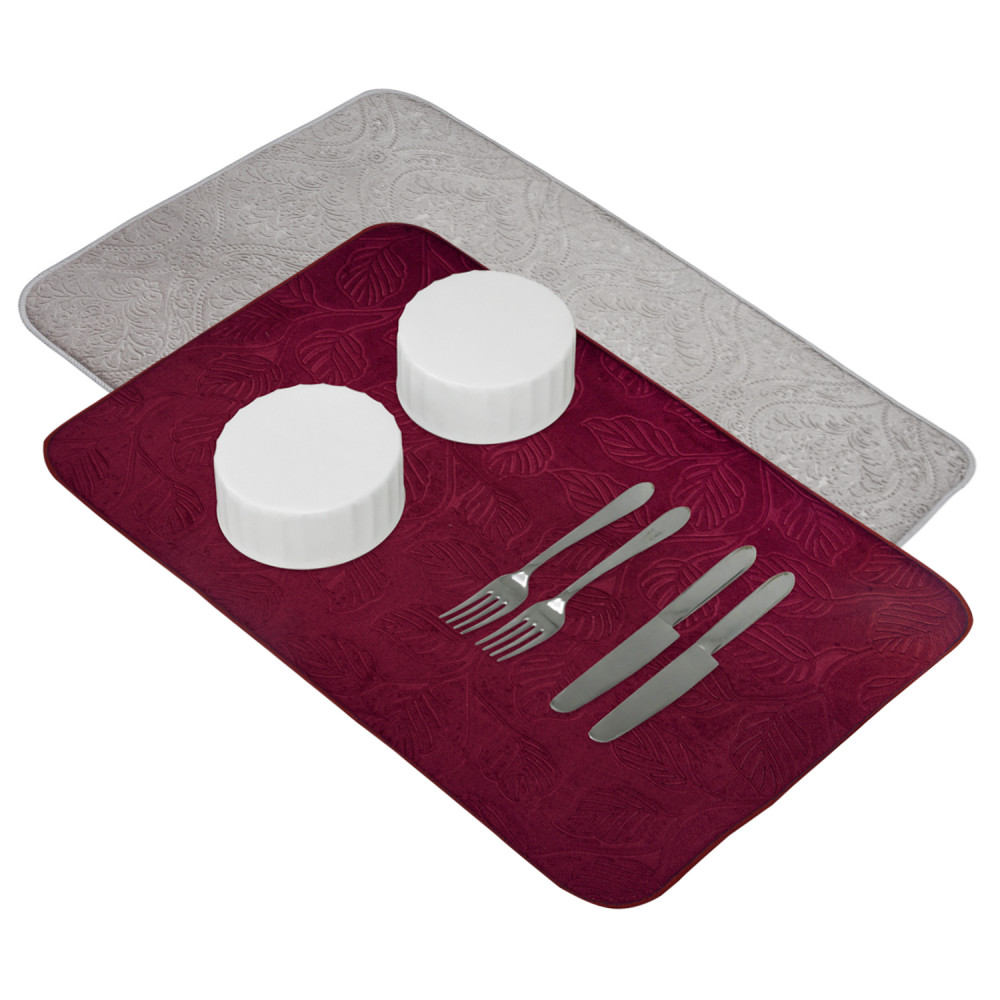 Kuber Industries Dish Dry Mat | Microfiber Self Drying Mat | Kitchen Drying Mat | Water Absorbent Kitchen Mat | Embossed Dish Dry Mat | 50x70 | Pack of 2 | Maroon &amp; Gray