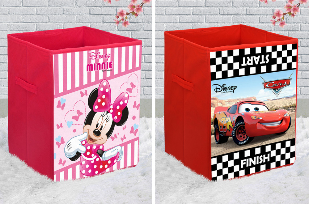 Kuber Industries Disney Cars &amp; Minnie Print Non Woven Fabric Foldable Laundry Organiser With Handles (Set Of 2, Black &amp; Pink)