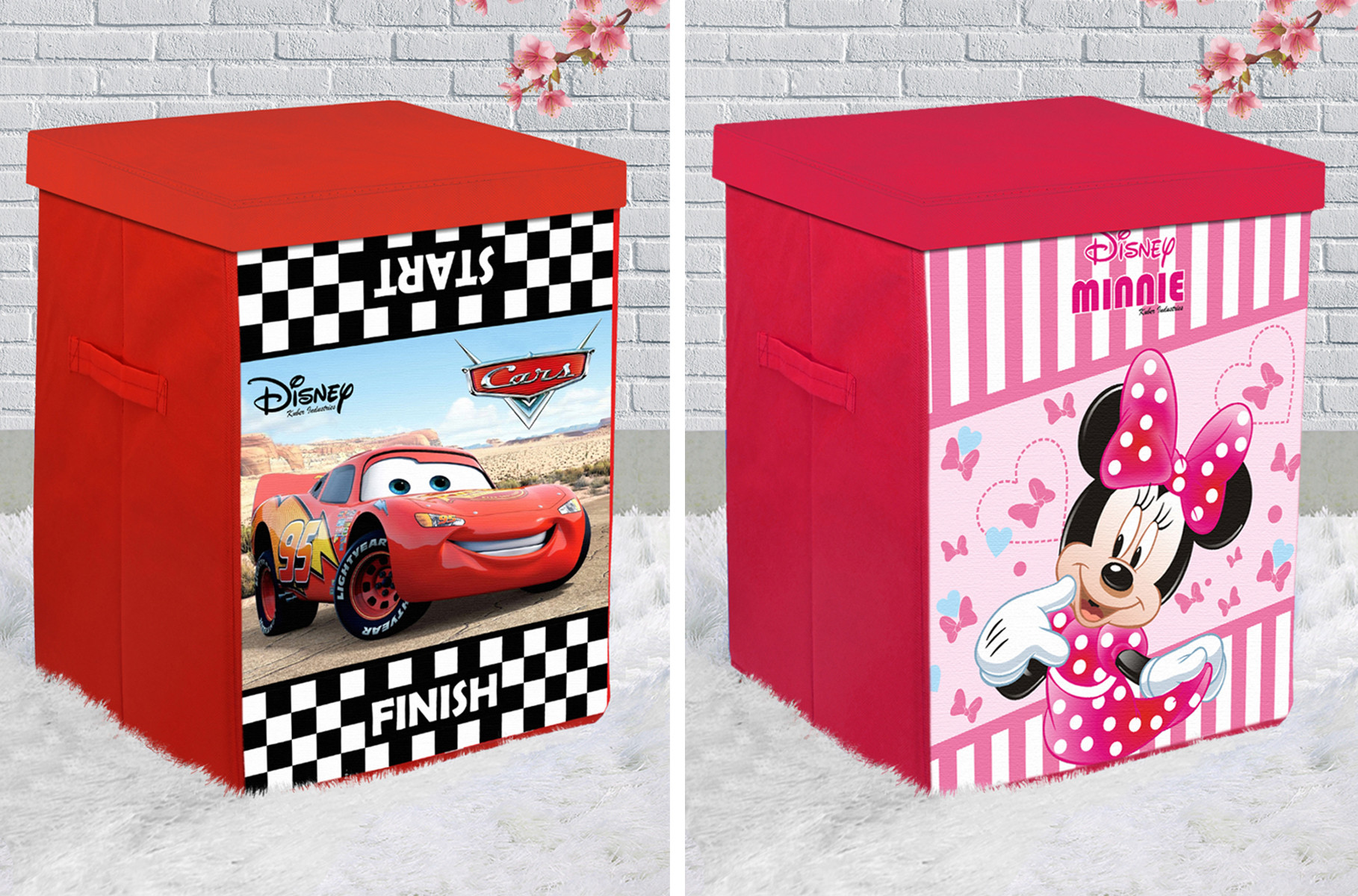 Kuber Industries Disney Cars & Minnie Print Non Woven Fabric Foldable Laundry Organiser With Lid & Handles (Set Of 2, Black & Pink)