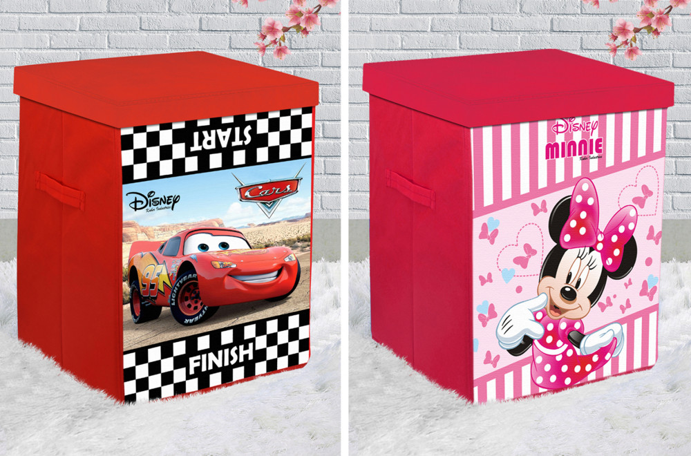 Kuber Industries Disney Cars &amp; Minnie Print Non Woven Fabric Foldable Laundry Organiser With Lid &amp; Handles (Set Of 2, Black &amp; Pink)