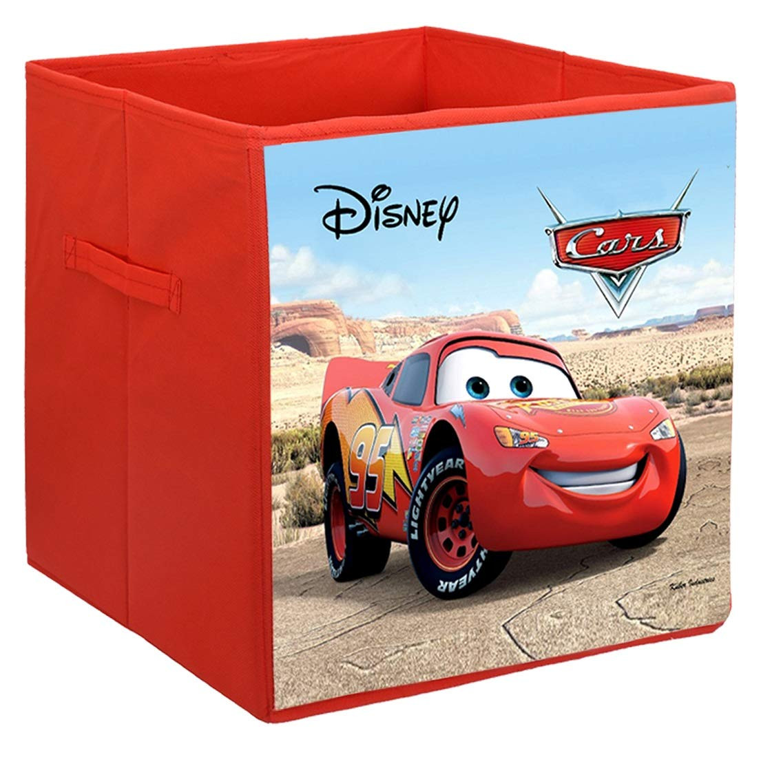 Kuber Industries Disney Cars Print Non Woven Large Size Fabric Foldable Laundry Basket And Small Size Cube Toy,Books,Shoes Storage Box With Handle (Set Of 2, Red)-KUBMRT11893