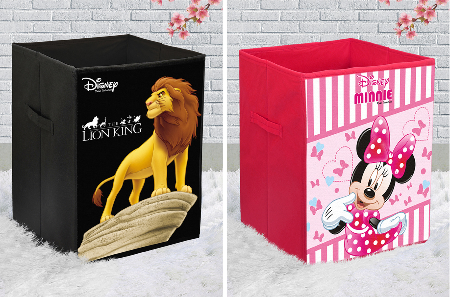 Kuber Industries Disney Lion King & Minnie Print Non Woven Fabric Foldable Laundry Organiser With Handles (Set Of 2, Black & Pink)