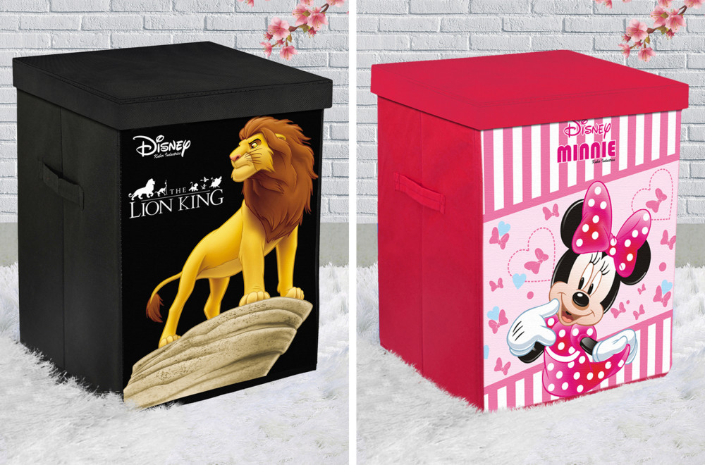 Kuber Industries Disney Lion King &amp; Minnie Print Non Woven Fabric Foldable Laundry Organiser With Lid &amp; Handles (Set Of 2, Black &amp; Pink)
