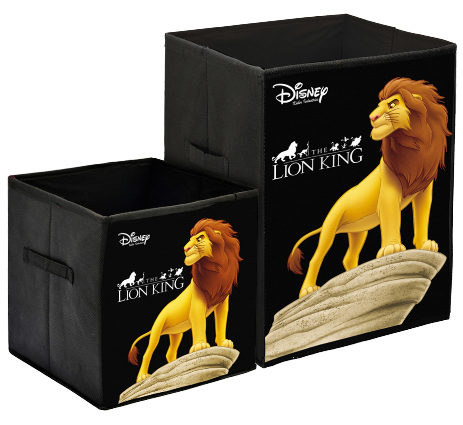 Kuber Industries Disney Lion King Print Non Woven Large Size Fabric Foldable Laundry Basket And Small Size Cube Toy,Books,Shoes Storage Box With Handle (Set Of 2, Black)-KUBMRT11889