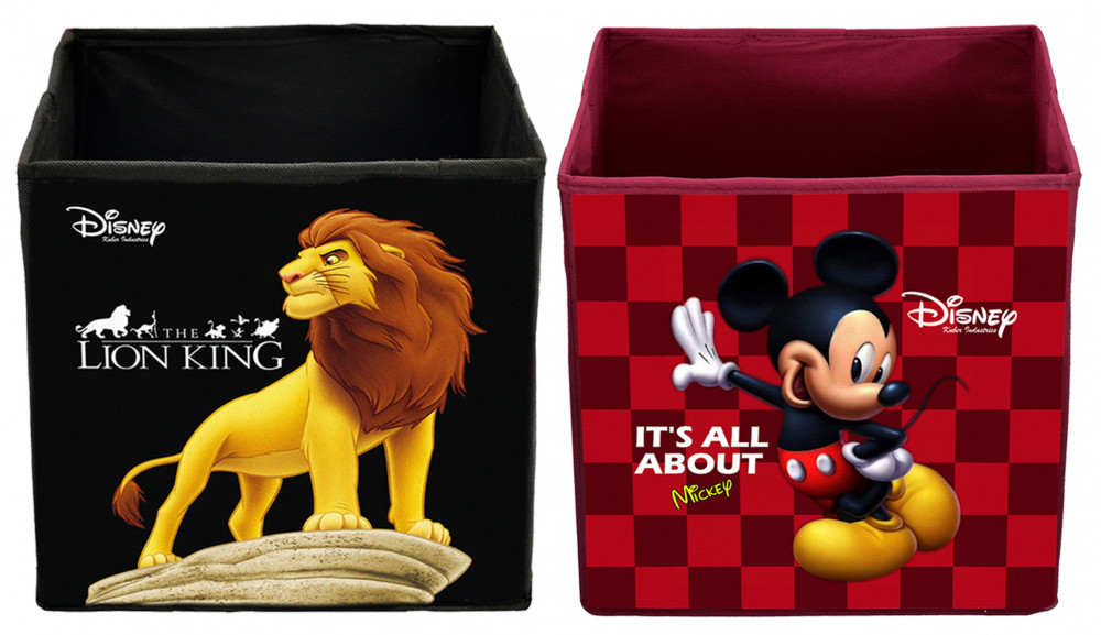 Kuber Industries Disney Mickey Lion King Print Non Woven Fabric Foldable Large Size Storage Cube Toy,Books,Shoes Storage Box With Handle (Black &amp; Maroon)