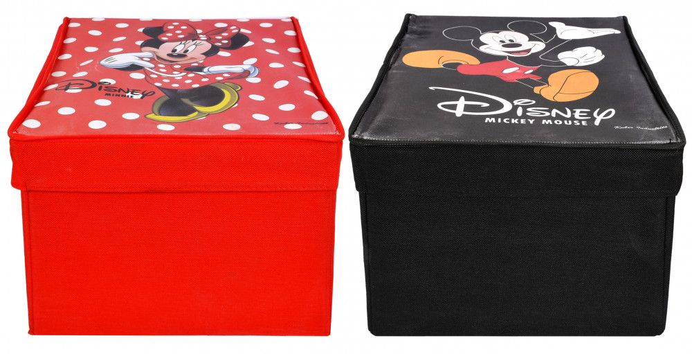 Kuber Industries Disney Mickey Minnie Mouse Print Non Woven 2 Pieces Fabric Foldable Cloth Storage Wardrobe Organiser Box with Lid, Extra Large (Black &amp; Red)-KUBMART1730