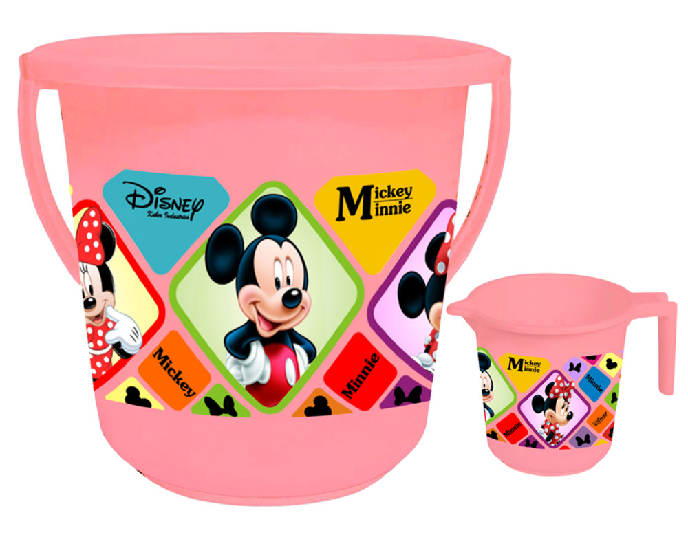 Kuber Industries Disney Mickey Minnie Print  Unbreakable Virgin Plastic Bathroom Bucket With Mug Set- Pink, (16 LTR Bucket &amp; 500 ML Mug) -HS_35_KUBMART17921