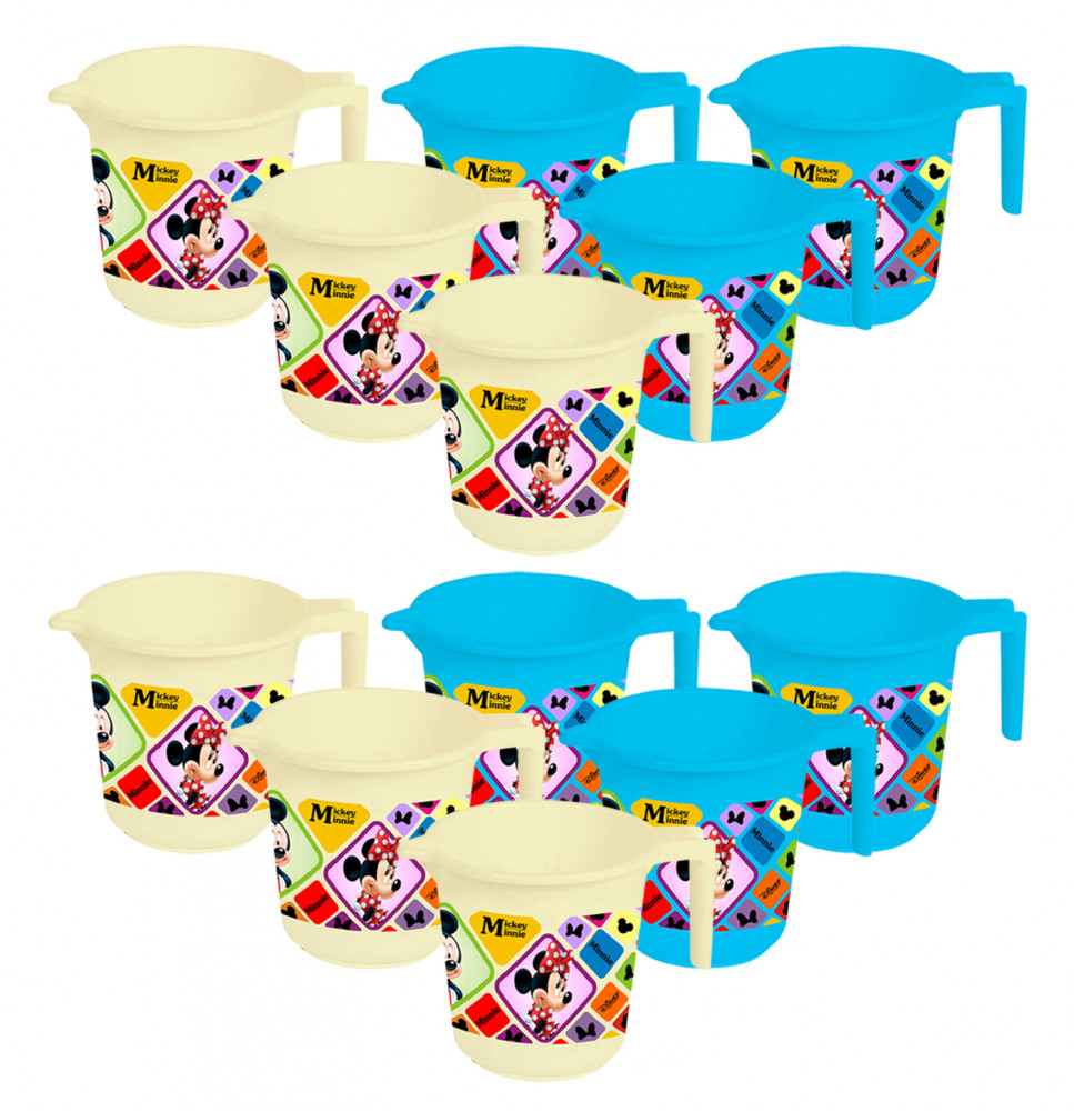Kuber Industries Disney Mickey Minnie Print 12 Pieces Unbreakable Strong Plastic Bathroom Mug,500 ML (Cream &amp; Blue) -HS_35_KUBMART17663