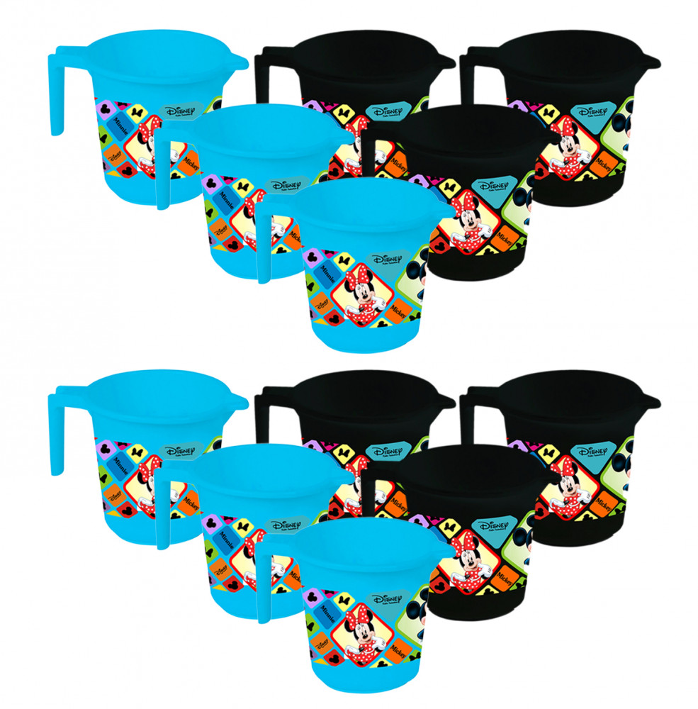 Kuber Industries Disney Mickey Minnie Print 12 Pieces Unbreakable Strong Plastic Bathroom Mug,500 ML (Blue &amp; Black) -HS_35_KUBMART17669