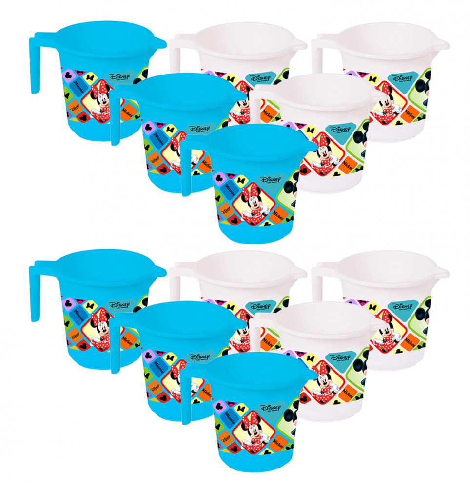 Kuber Industries Disney Mickey Minnie Print 12 Pieces Unbreakable Strong Plastic Bathroom Mug,500 ML (Blue &amp; White) -HS_35_KUBMART17671